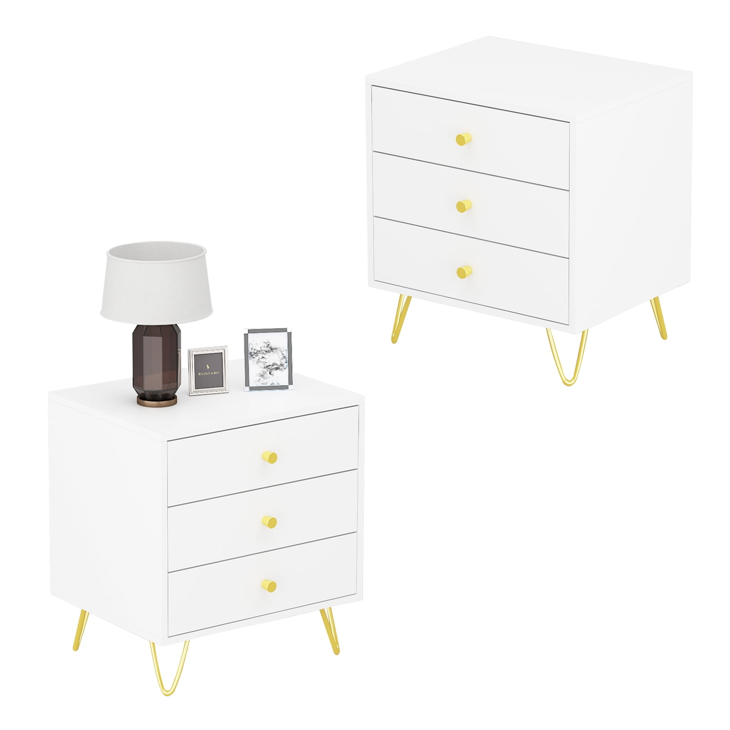 Modern Nightstand Set of 2 White, Modern Side End Table with 3 Drawers