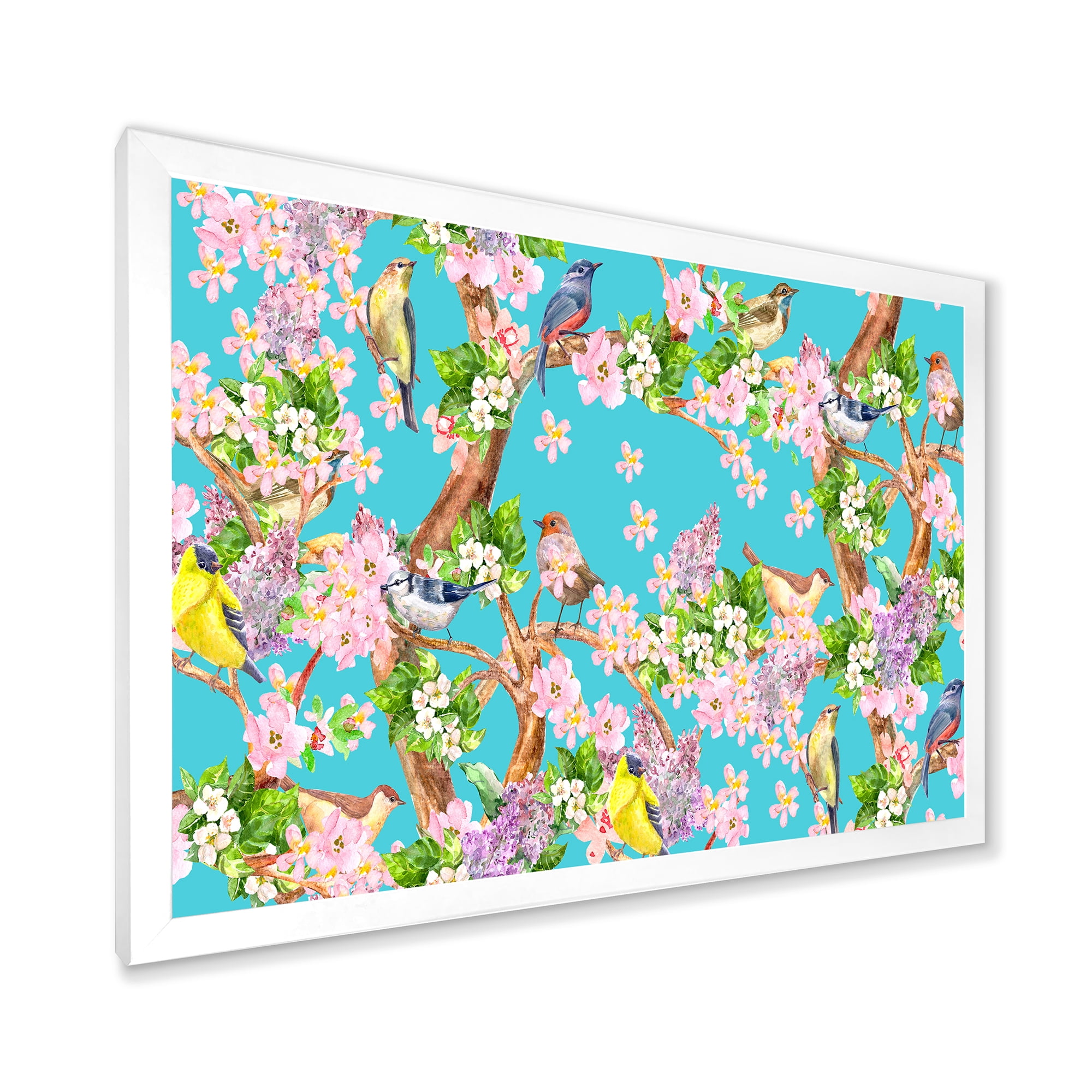 Little Birds Sitting On Spring Flow Tree 20 in x 12 in Framed Painting Canvas Art Print, by Designart