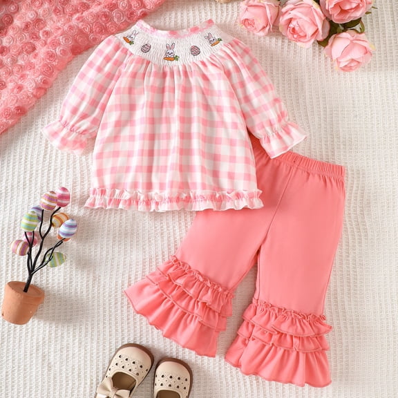 HAYIMI Child Toddler Girls Easter Long Sleeve Cartoon O-Neck T Shirt Tops Pants Kids Outfits Lovely Cartoon Clothes Sets