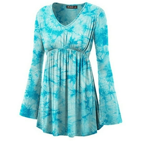 Empire Waist Tie Back - Women's Fashion Tie-Dye Print Long Sleeve Pleated Empire Waist Line Blouse