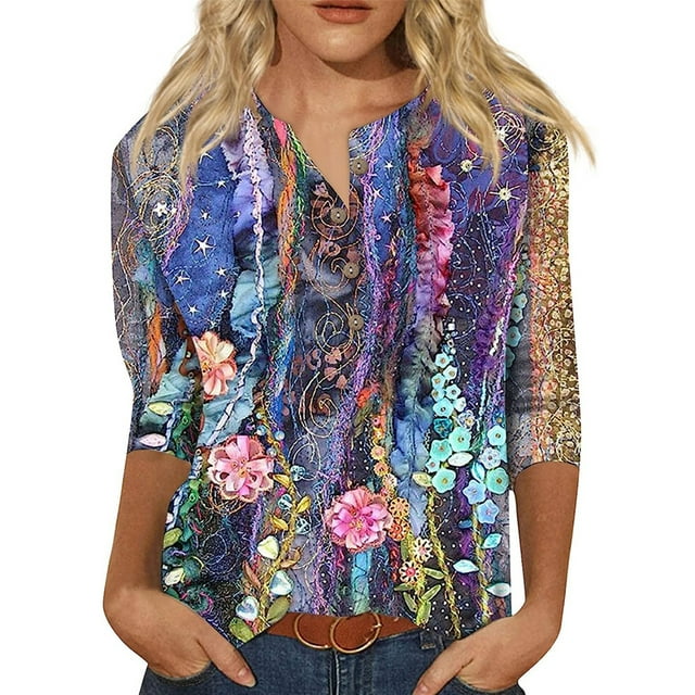 Innerwin Hauts Imprimé Floral T-Shirt Femme Col Rond Ample Couleur Fleur TG