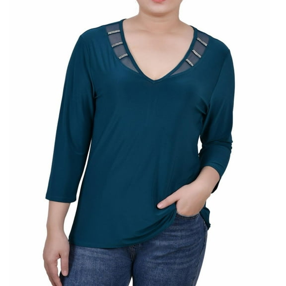 NY Collection Womens Illusion Neck Pullover Blouse, Green, Petite, PXL