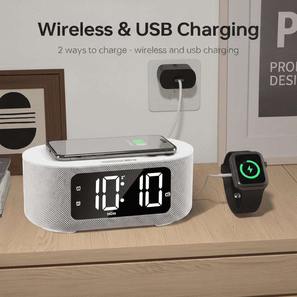 Wireless Charging Alarm Clock for Bedroom, with Big Led Screen Display, Bluetooth Stereo Sound Speaker, FM Radio, Fast Wireless Charging, USB Charging Port, Nightlight, White Noise