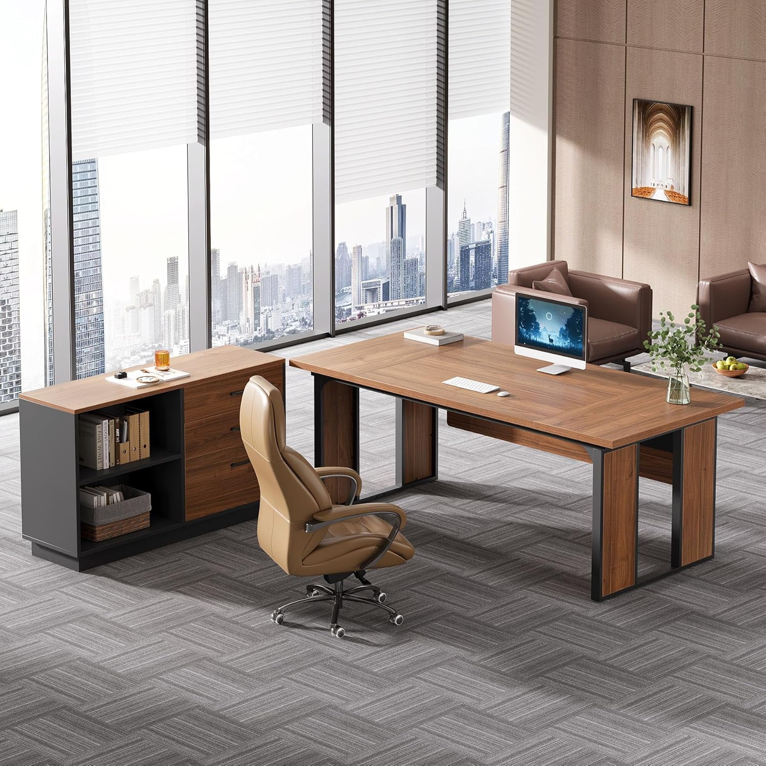 Finmind 63" L-Shaped Executive Desk, Office Desk with Drawer Cabinet & Storage Shelves, Brown & Black