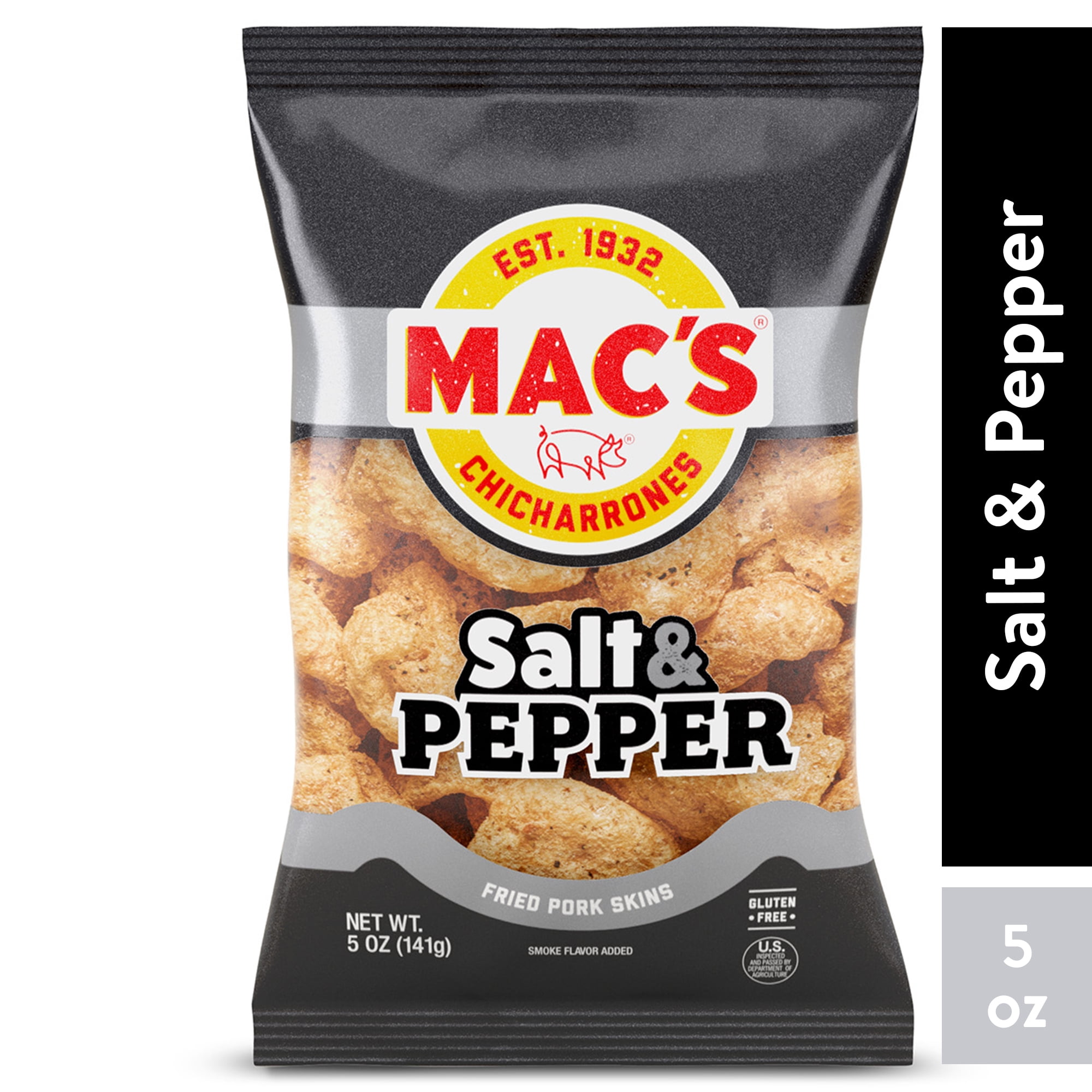 Mac's Chicharrones Salt & Pepper Flavored Crispy Fried Pork Skins, 5 oz