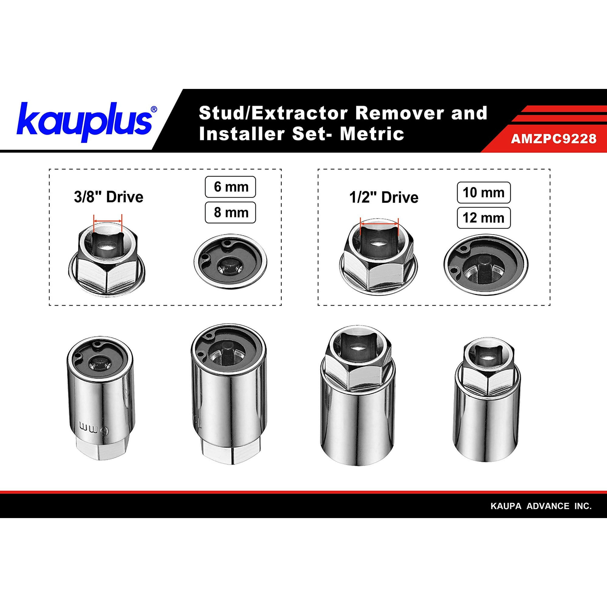 4-Piece Metric Stud Remover And Installer Set - 6mm, 8mm, 10mm, 12mm With 3/8 & 1/2 Inch Drive