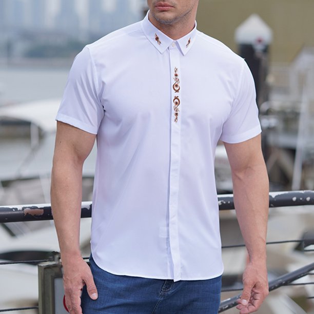 Camisetas Elvqul Caballero Manga Corta Blanco Casual Con Bolsillos Liso Botones con Solapa