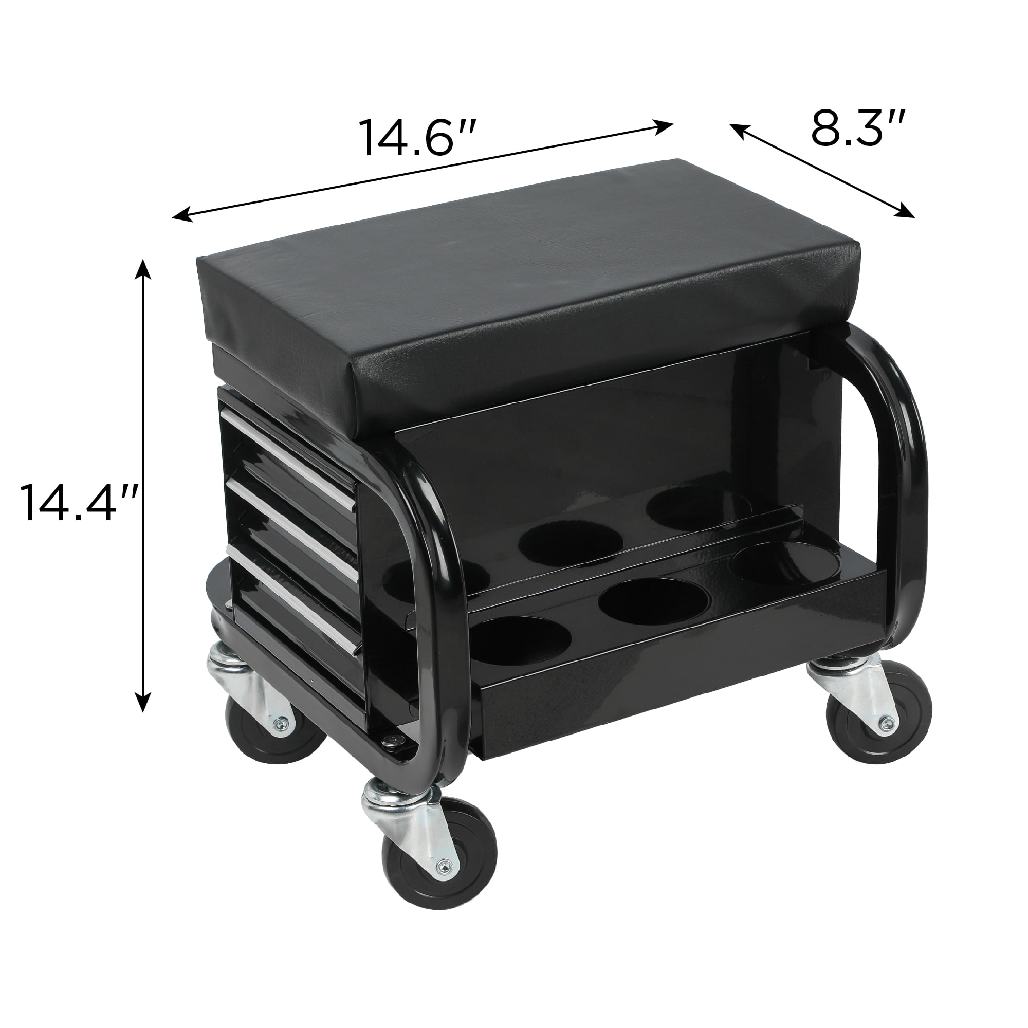 Leumius Rolling Creeper Garage/Shop Seat with Three Built-in Drawers, Rolling Tool Chest, Soft Padded Vinyl Seat, 350lb Capacity, 360° Swivel Casters, Black