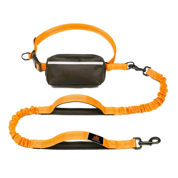 Hands Free Dog Leash with Waist Zipper Pouch, Dual Padded Handles and Dual Bungee Shockabsorbing Leash with Safety Reflective Strip for Walking, Jogging and Running Your Dog (Orange)