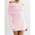 thumbnail image 3 of Women'S Off Shoulder Mini Skirt Bodycon Long Sleeve Crochet Out Going Mesh Elegant Sweater Dress Pink M, 3 of 8