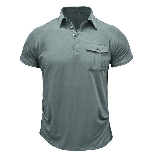 Mens Camisas de Manga Corta Color Sólido Botón de Solapa Bolsillo Turndown Collar Blusa para Negocios Informales