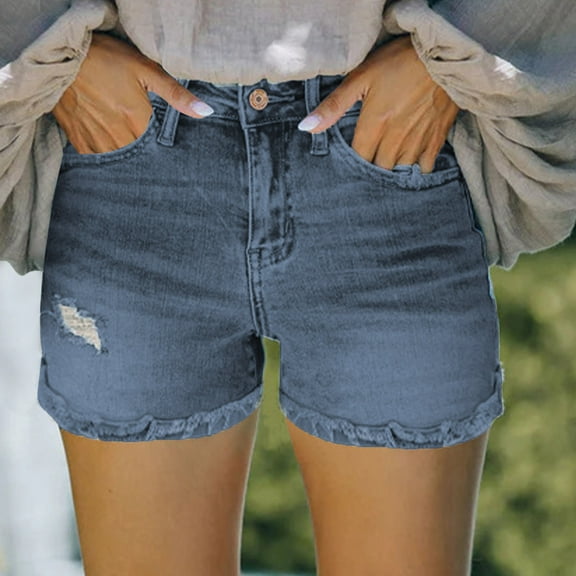 Tqcoqu Women's Mid Rise Ripped Stretchy Jean Shorts Frayed Casual Denim Shorts,Blue,Women's S-XXL