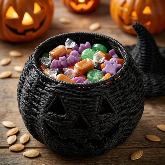 Halloween Pumpkin Decoration - Halloween Pumpkin Candy Bowl with Witch Hat Lid Black Woven Light Up Jack-O-Lantern Trick or Treat Basket Decor