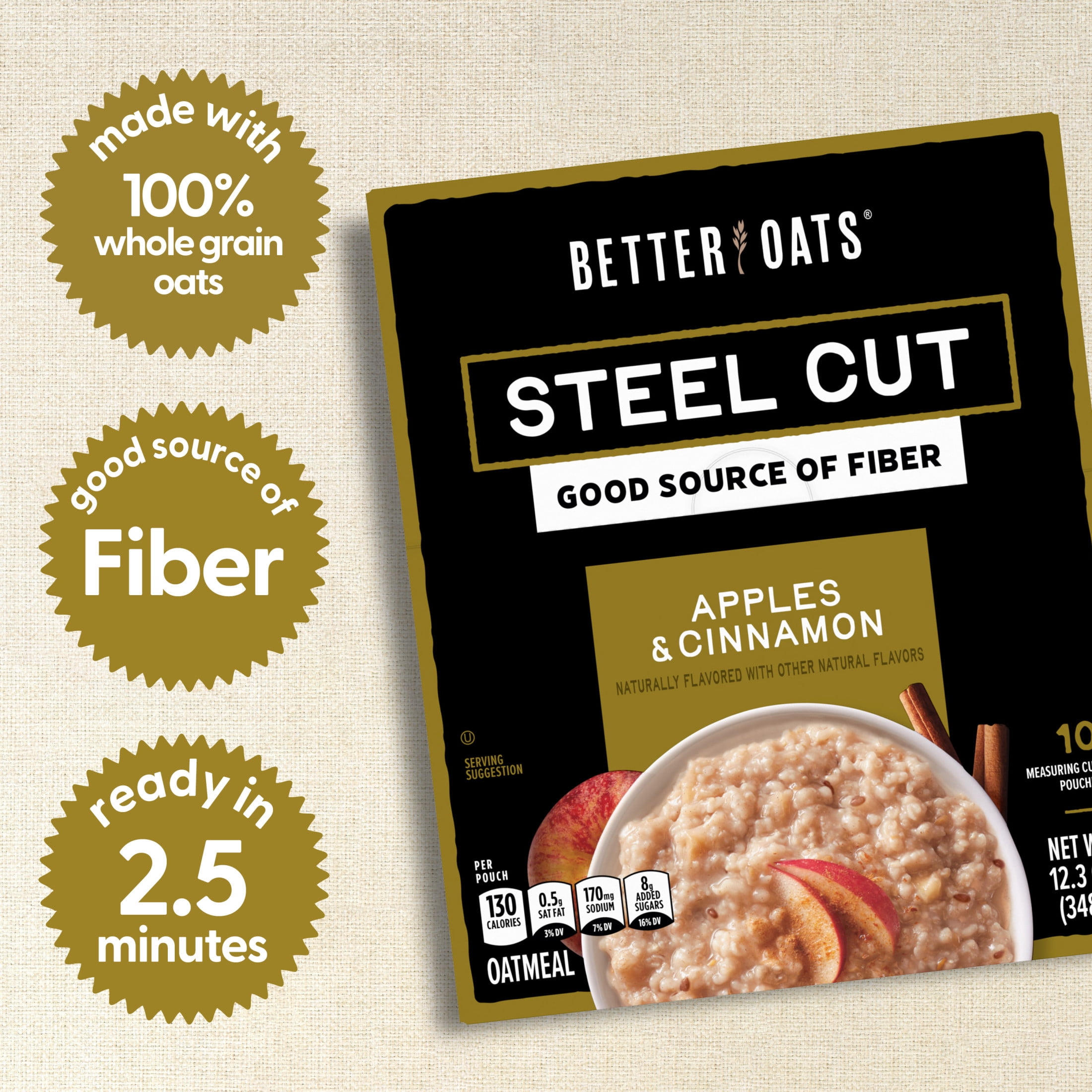 (4 pack) Better Oats Apples & Cinnamon Steel Cut Oatmeal, 10 Packets, 12.3 oz