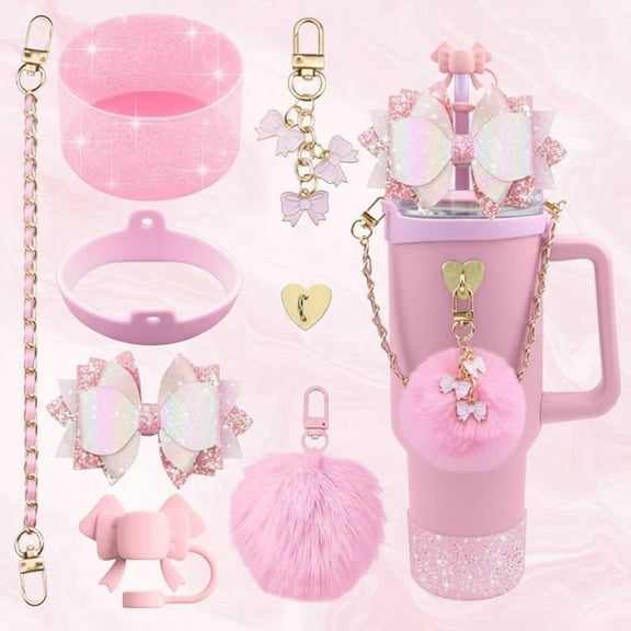 Bling Accessories for Stanley Cup 40oz & 30oz Tumbler Including Silicone Cute Bow Straw Topper Cover, Silicone Boot for Stanley Cup,Leather Water Bottle Handle Strap, Charms(Pink) | Tumbler, Charms