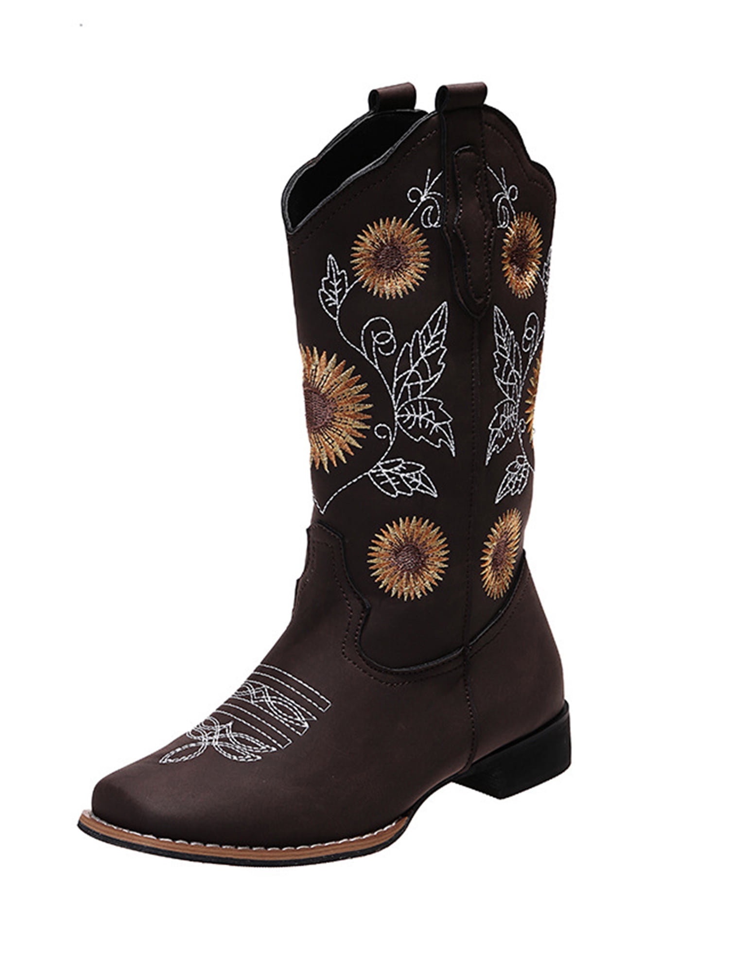 Western Work Combat Cowboy Boots For Women Men Mid Calf Boots Chunky Heel Floral Embroidered Leather Pull-on Cowgirl Unisex 