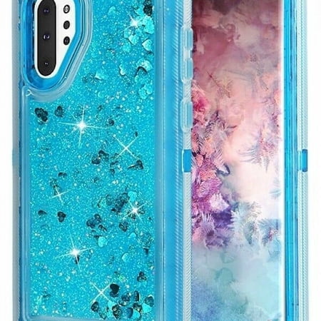 For Samsung Galaxy Note 10 Tough Defender Sparkling Liquid Glitter Heart Case Cover - Blue