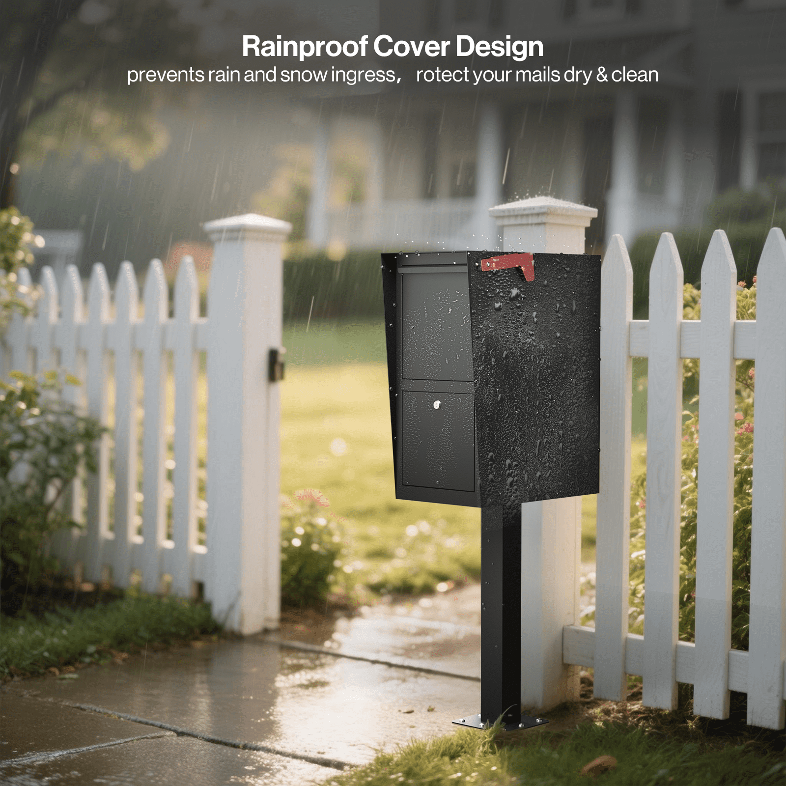 POCHAR Secure Curbside Locking Mailbox for Packages, Weekend-Away Design with In-Ground Post and Base Plate (Black)