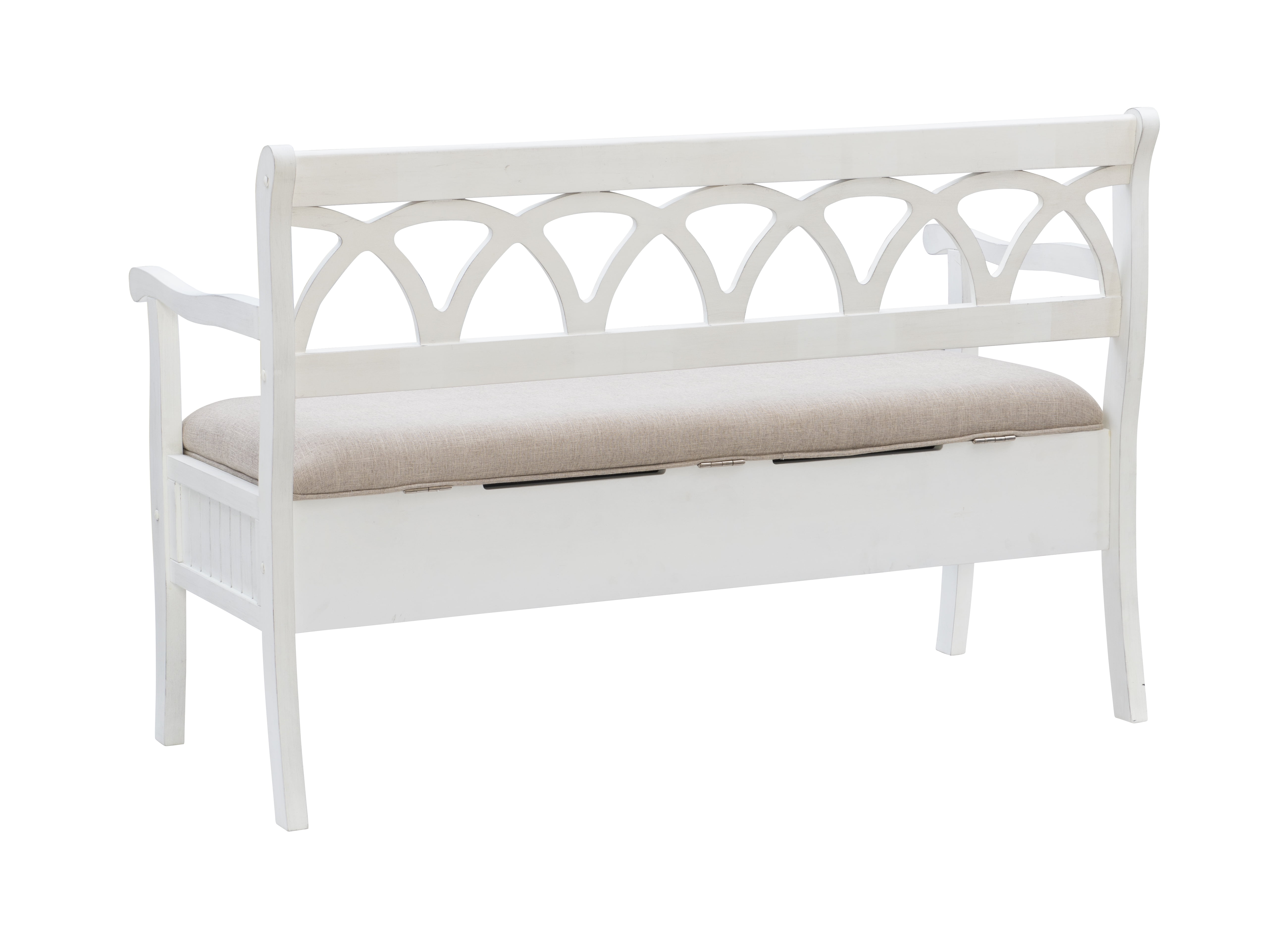Linon Elliana Storage Bench Beige Padded Seat Cutout Back Design in White Wood