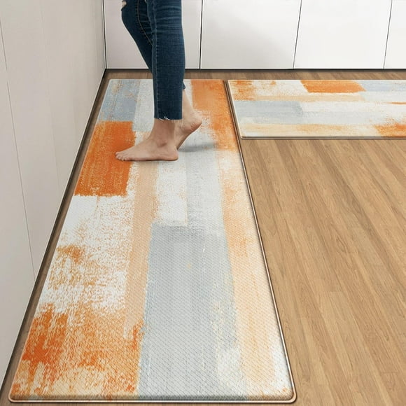 EcoNesxp PVC 2 piece set orange grey abstract cushion floor mats orange beige vintage anti fatigue kitchen rugs