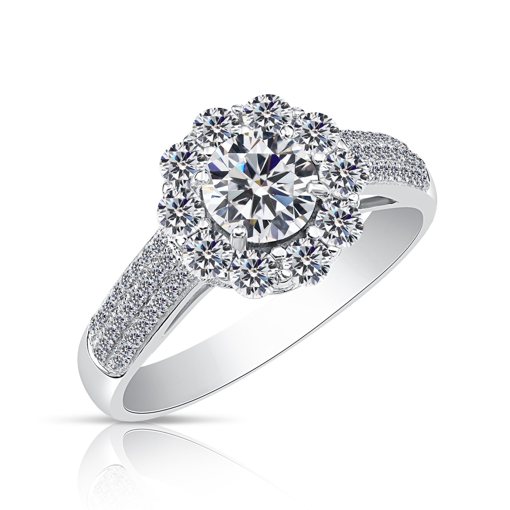 Tilo Jewelry Solid 925 Sterling Silver 1 Carat Solitaire Flower Halo Engagement Wedding Ring with Side-stone Accents | Size 5 | Classic Engagement Ring for Women