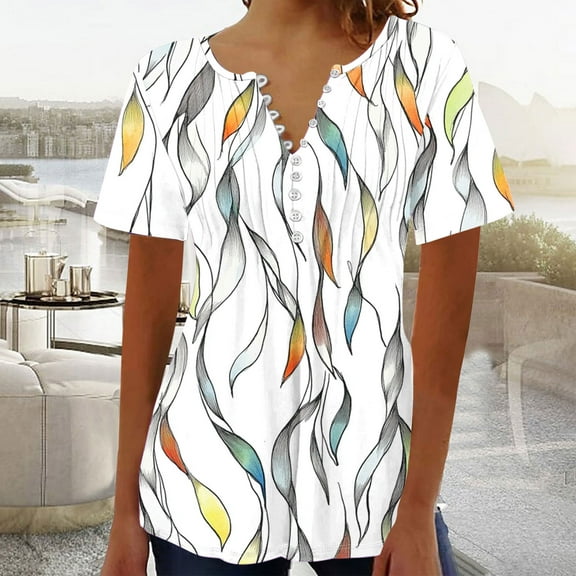 Weiqiqre Women's Clothing Summer Short Sleeve Crewneck Tunic Shirts Floral Print Tops Pleated Dressy Blouse