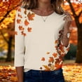 thumbnail image 2 of Womens Crew Neck 3/4 Length Sleeve Tees Fall Leaf Graphic Print Loose Fit Casual Shirts Curved Hem Lightweight Dressy Tunic Tops ,S,Ginger, 2 of 7