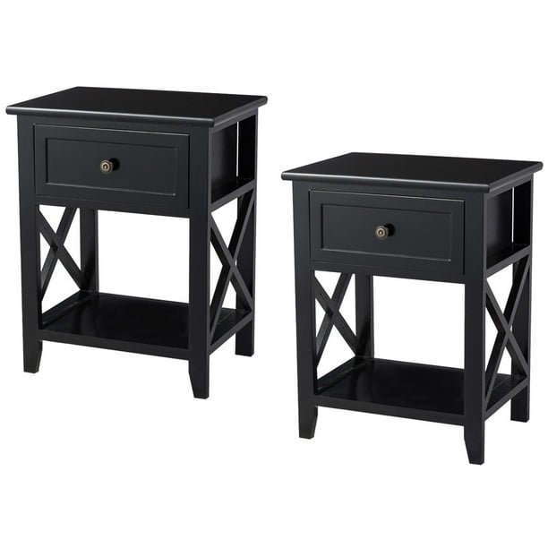 Costway 2pcs End Bedside Table, Black Side Table With Drawer And Shelf