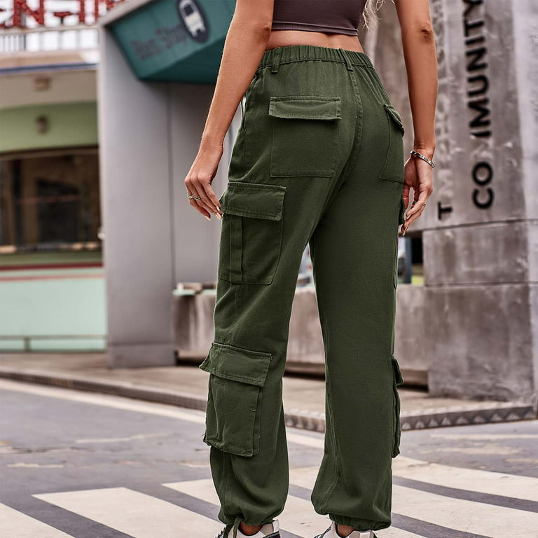 Guzom Work Pants for Women- Summer Casual With Pockets Slim Fit Mid-Waist  Short Sleeve Cargo Pants Army Green Size XL