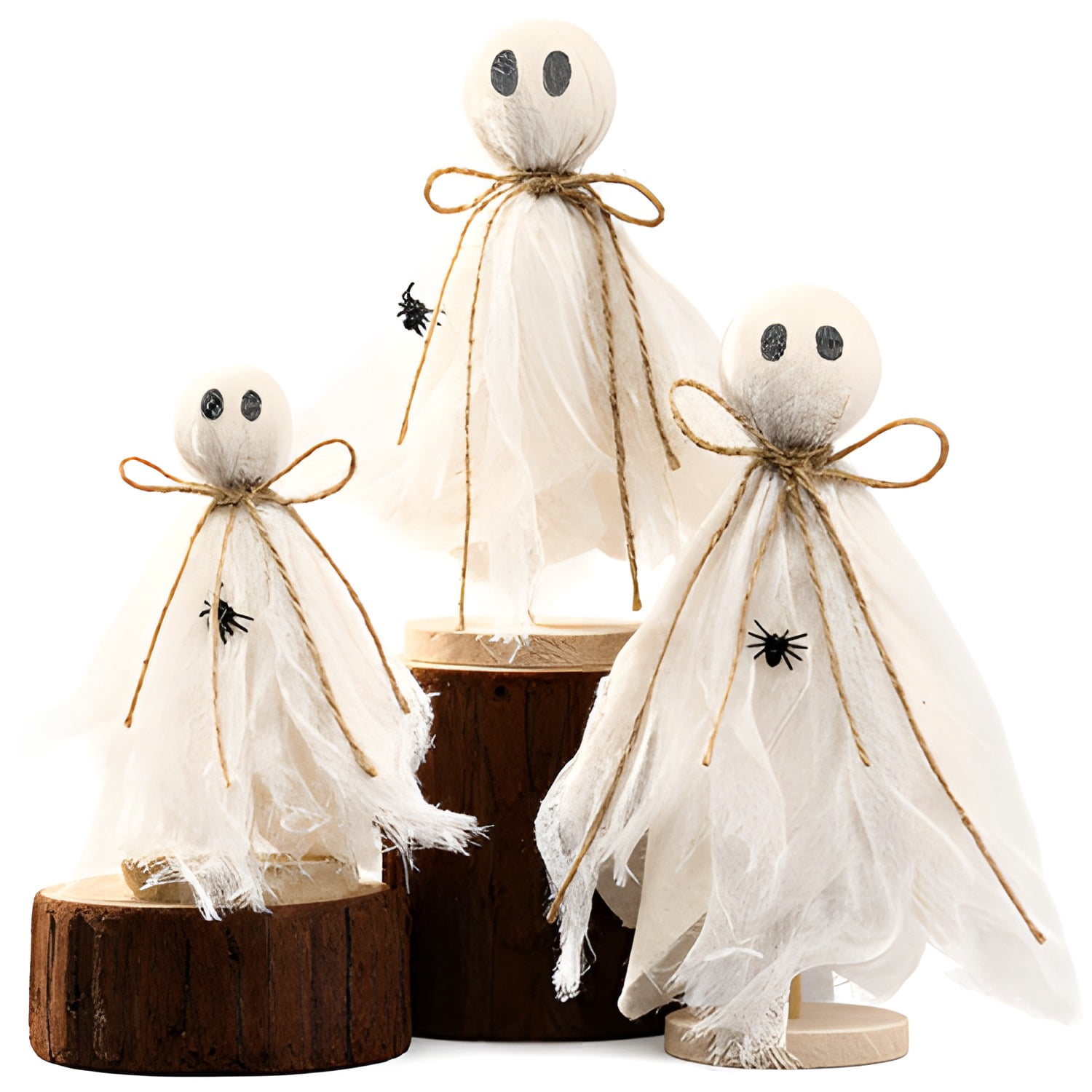 3 Pcs Halloween Decorations Indoor Primitive Halloween Ghost on Wooden Stand Spooky Ghost Tiered Tray Decor Rustic Table Centerpiece for Home Office Mantel Shelf Party Supplies(Beige)