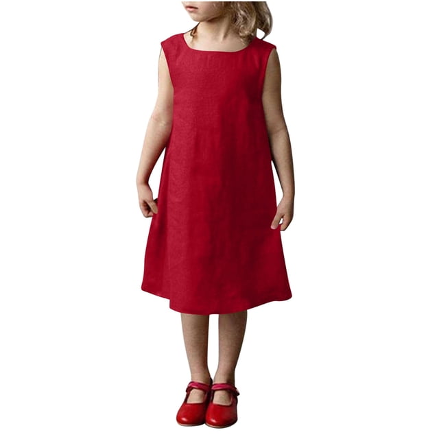 Tranfacy Robe d'Été pour Filles, Robe Sans Manches pour Tout-Petites Filles, Robe Sans Manches à Col Rond en Lin Uni pour Enfants d'Âge Moyen avec Laçage au Dos