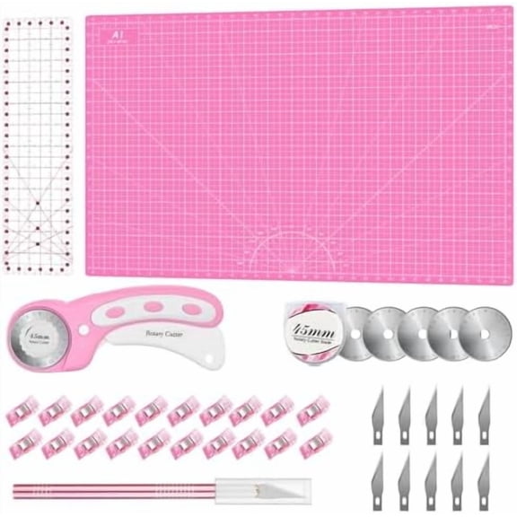 Rotary Cutter Set Pink- Quilting Kit incl. 45mm Fabric Cutter, 5 Replacement Blades, A1 Cutting Mat, Acrylic Quilting Ruler and Sewing Clips, Craft Knife Set, Ideal for Crafting, Sewing, Patchworking