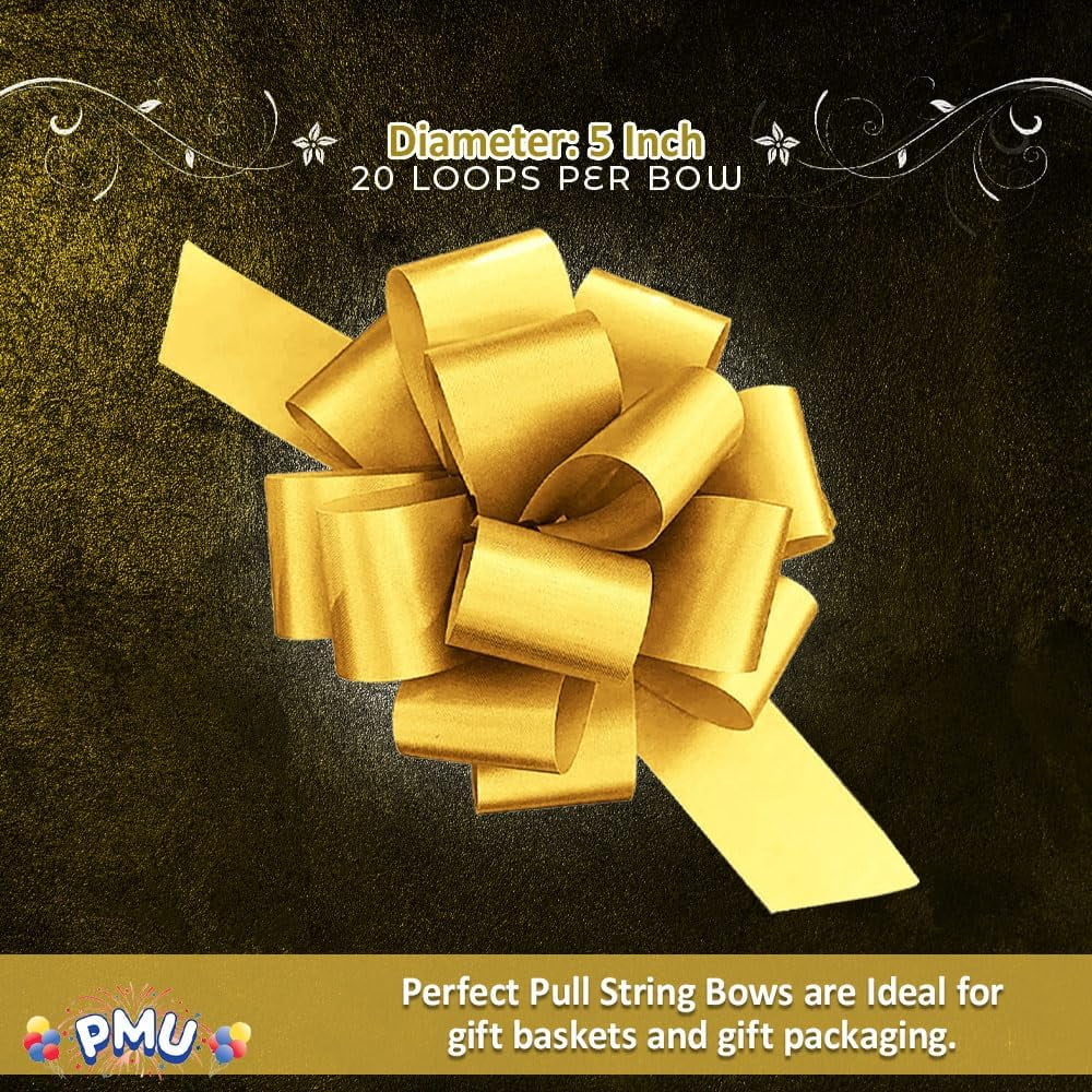 PMU Pull String Bows - Gift Bows for Wedding, Birthdays & Anniversaries - Ribbon Bows for Flowers & Basket Decoration - Large Bow for Gift Wrapping - 5 Inch 20 Loops Gold- (50/pkg)Pkg/1