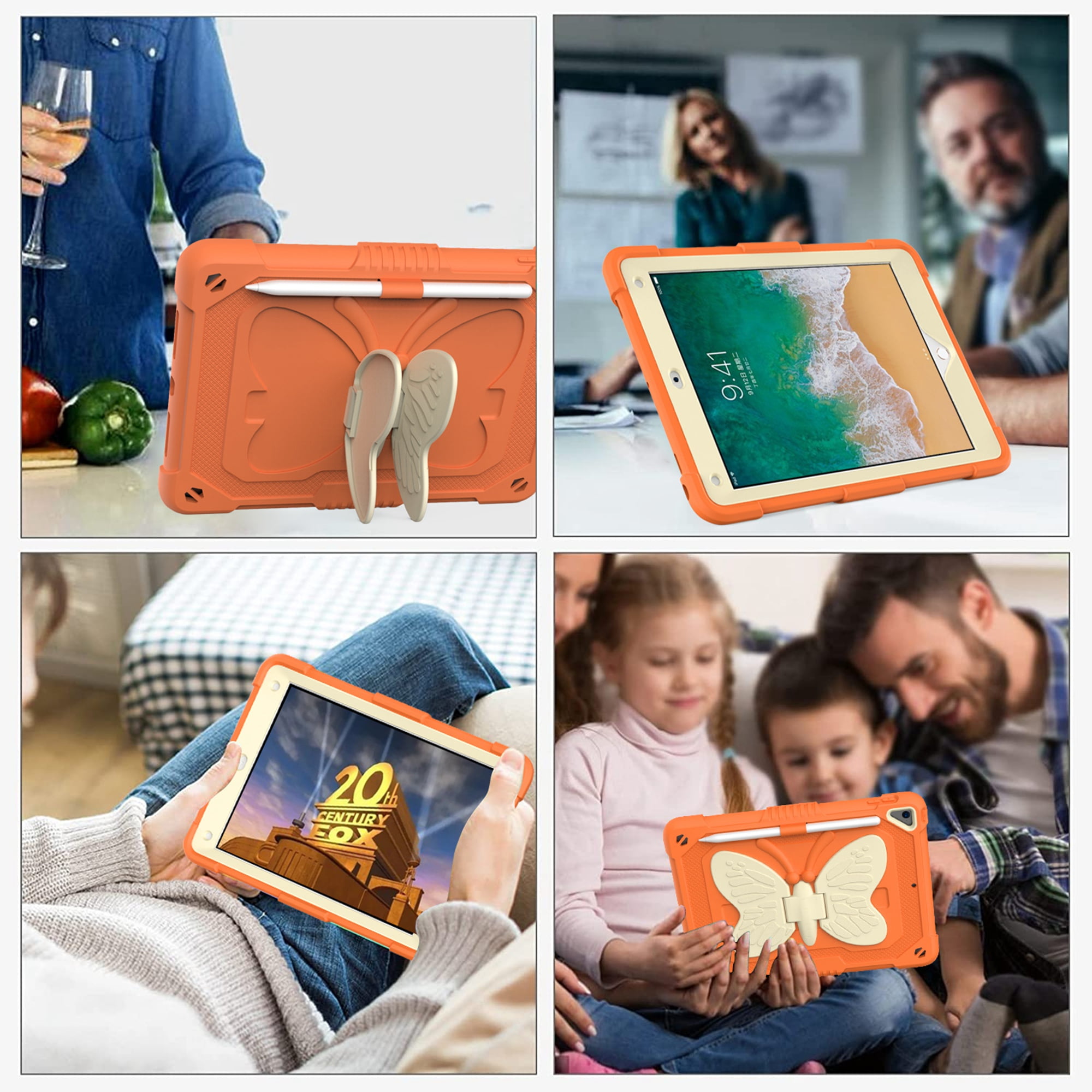 Dteck for iPad 6th 5th Generation Case with Kickstand Butterfly Wings Pencil Holder, Heavy Duty Hard Rugged Protective Cover Kids Girls for 9.7 inch iPad 6th/5th Gen/Air 2,Orange + Beige