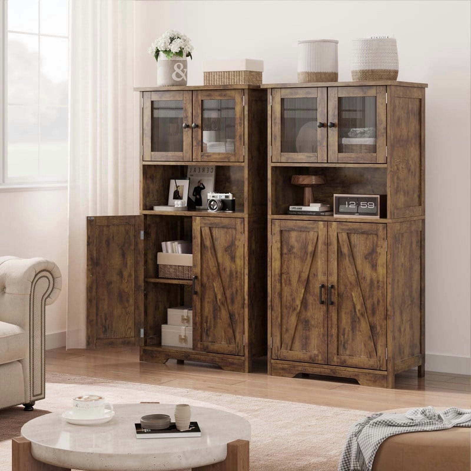TROPOW Kitchen Pantry Cabinet, 50.4" Freestanding Storage Cabinet with Glass Doors and Adjustable Shelves, Wooden Cupboard, Large Floor Linen Cabinet for Bathroom, Living Room