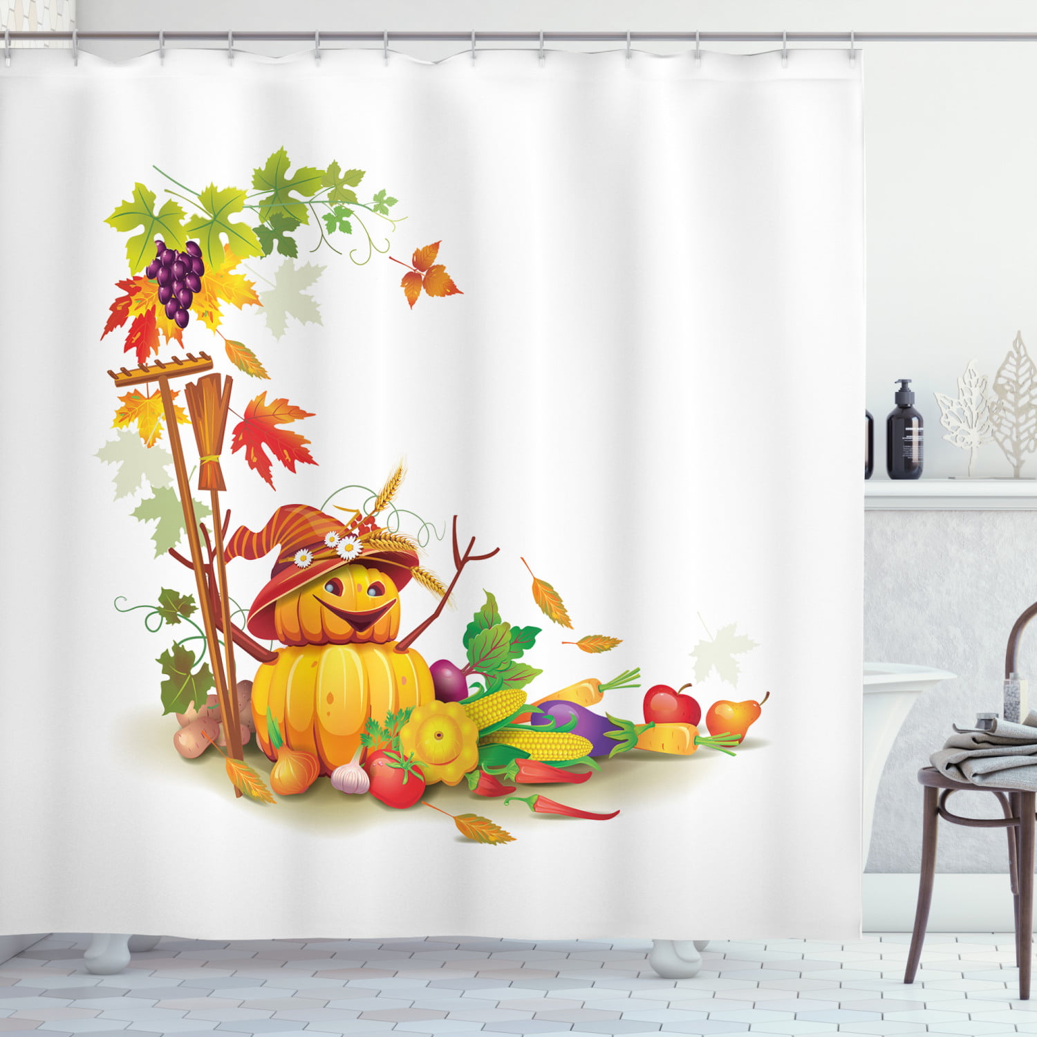Kids Thanksgiving Shower Curtain, Autumn Harvest Theme with Various ...