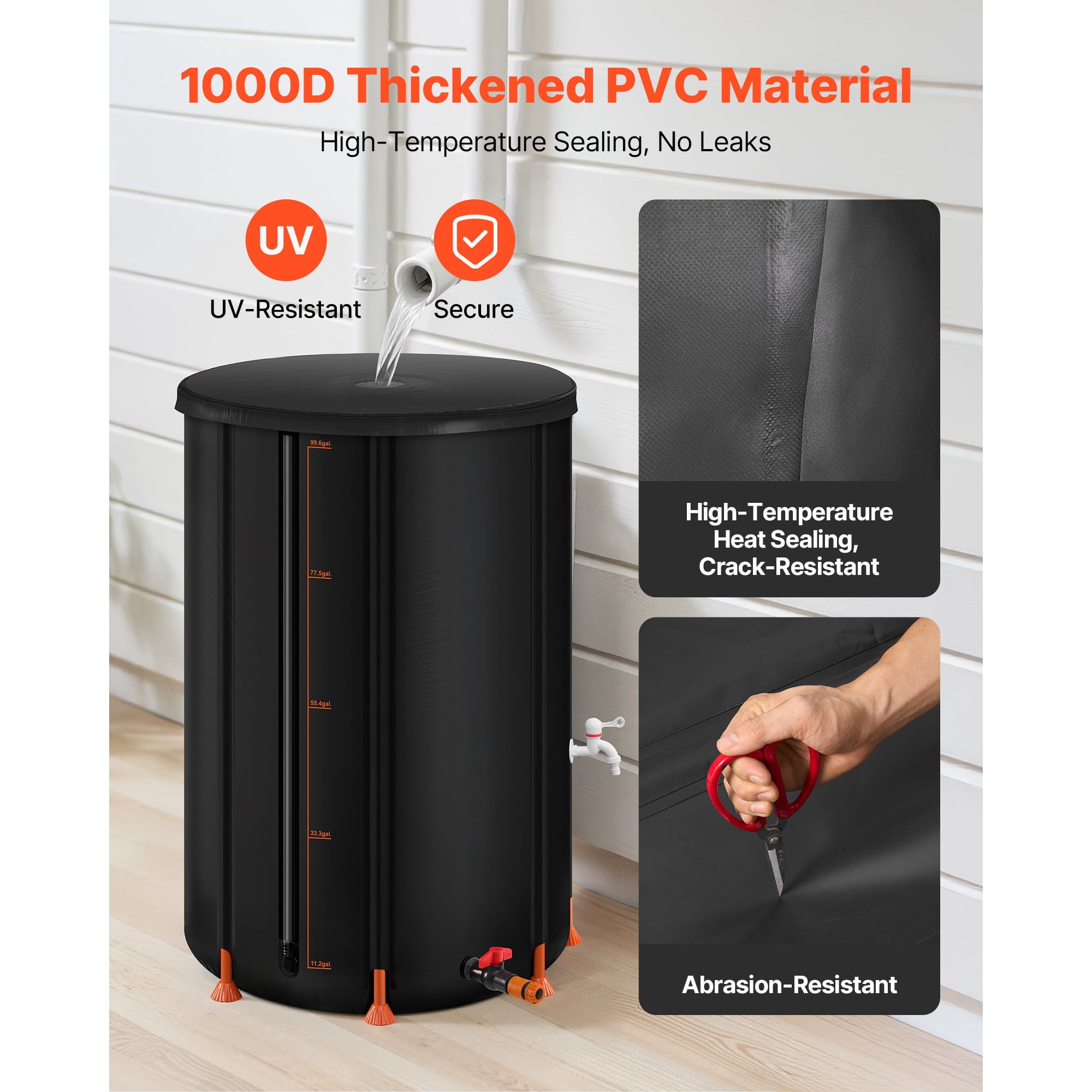 KFFKFF Collapsible Rain Barrel, 100 Gallon Portable Rainwater Collection System, Durable 1000D PVC Water Storage Tank with Spigot & Overflow Kit, Black