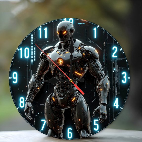 Futuristic SciFi Robotic Action Figure Collectible 10-Inch Silent Wooden Wall Clock, Battery Operated (AA Batteries Not Included), Artistic Home Decor