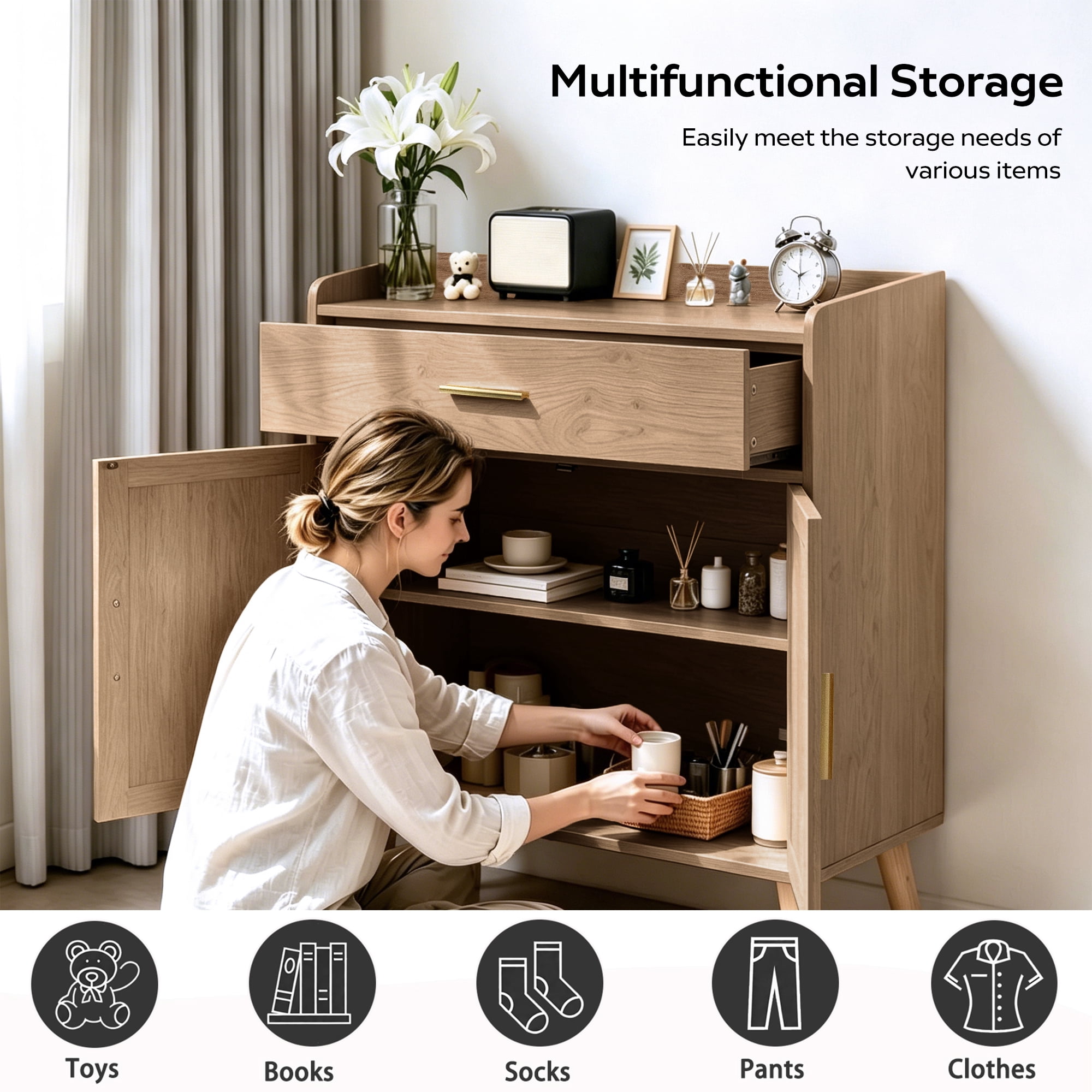 Kitchen Storage Cabinet, Farmhouse Buffet Cabinet, Storage with 1 Drawers and 2 Doors, Cabinet with Solid Wood Feet, Floor Sideboard Buffet for Living Room, Dining Room, Bathroom (Natural Color)