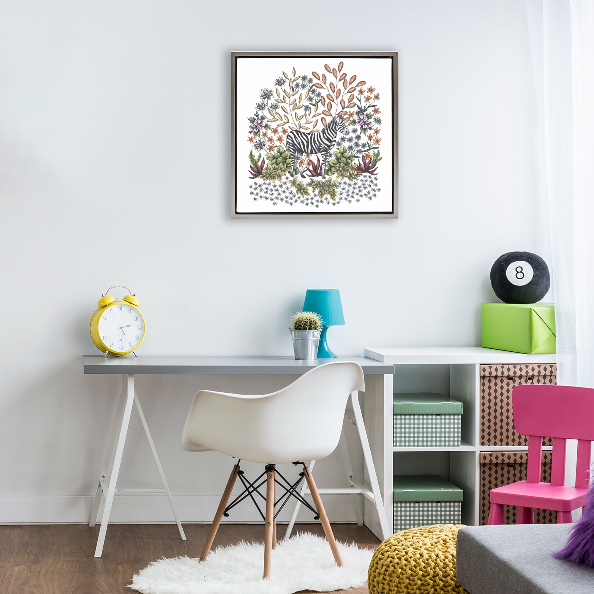 Jungle Wildlife Zebra Gray Framed Floater Canvas Wall Art, design by Cecilia Battaini
