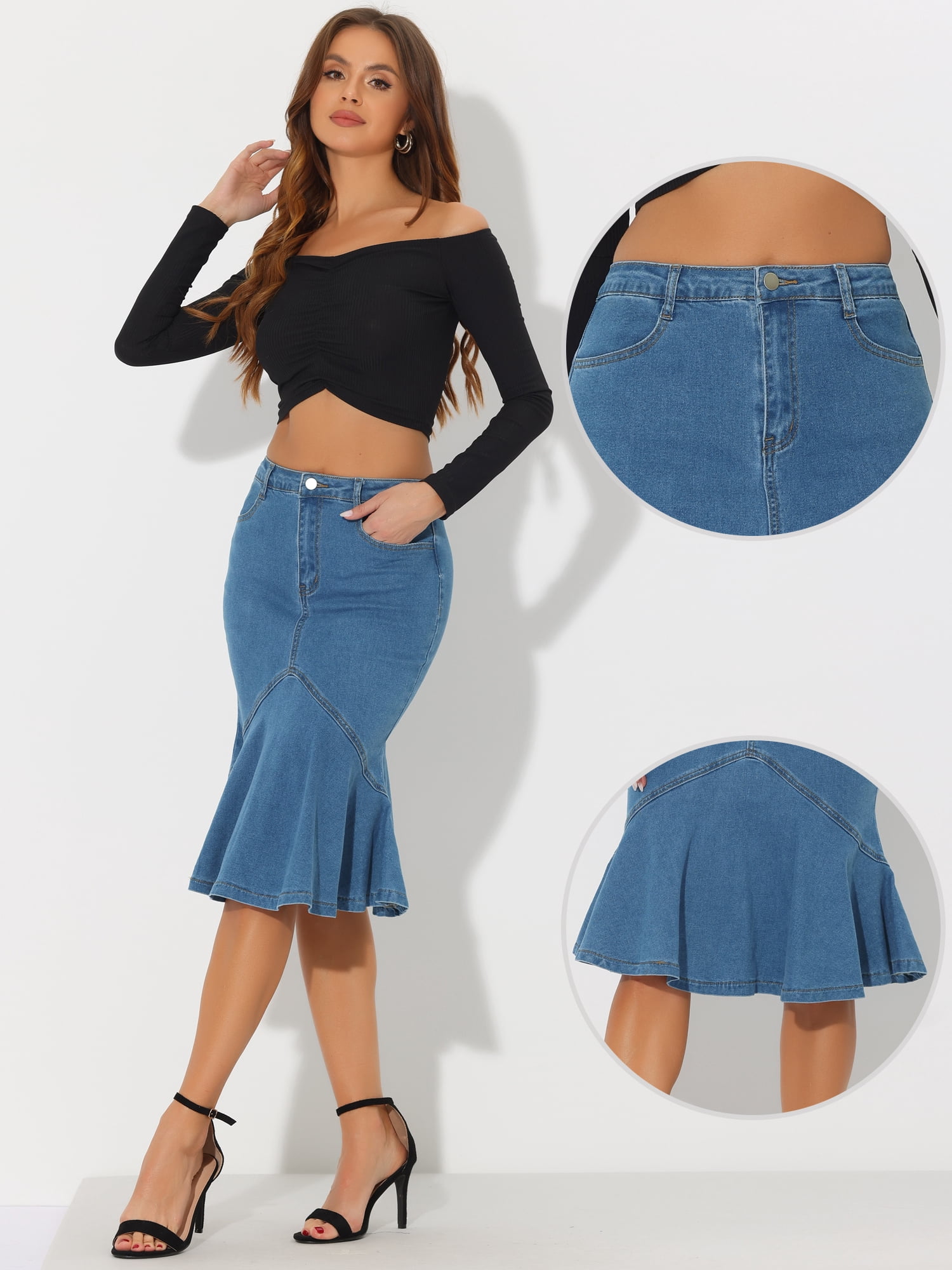DARING DIVA Women's Denim Jean Bodycon Ruffles Fishtail Skirts L Sky Blue