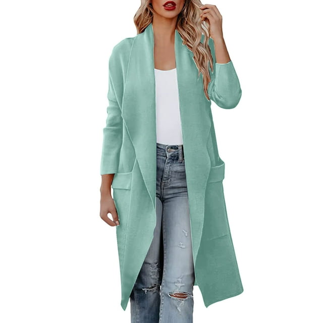 Manteau pour Femmes Automne Hiver Ample à devant Ouvert Pardessus Col Rond Trench Chaud Cardigan Mi-Long Couleur Unie Manteau Extérieur Mode Manches Longues Manteau Tricoté