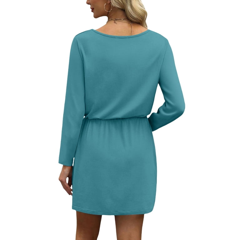 Women Long Sleeve Tops T-Shirt Dresses Round Neck Casual A-Line Loose Swing  Vocation Fall Winter Dress with Pockets Turquoise 2XL