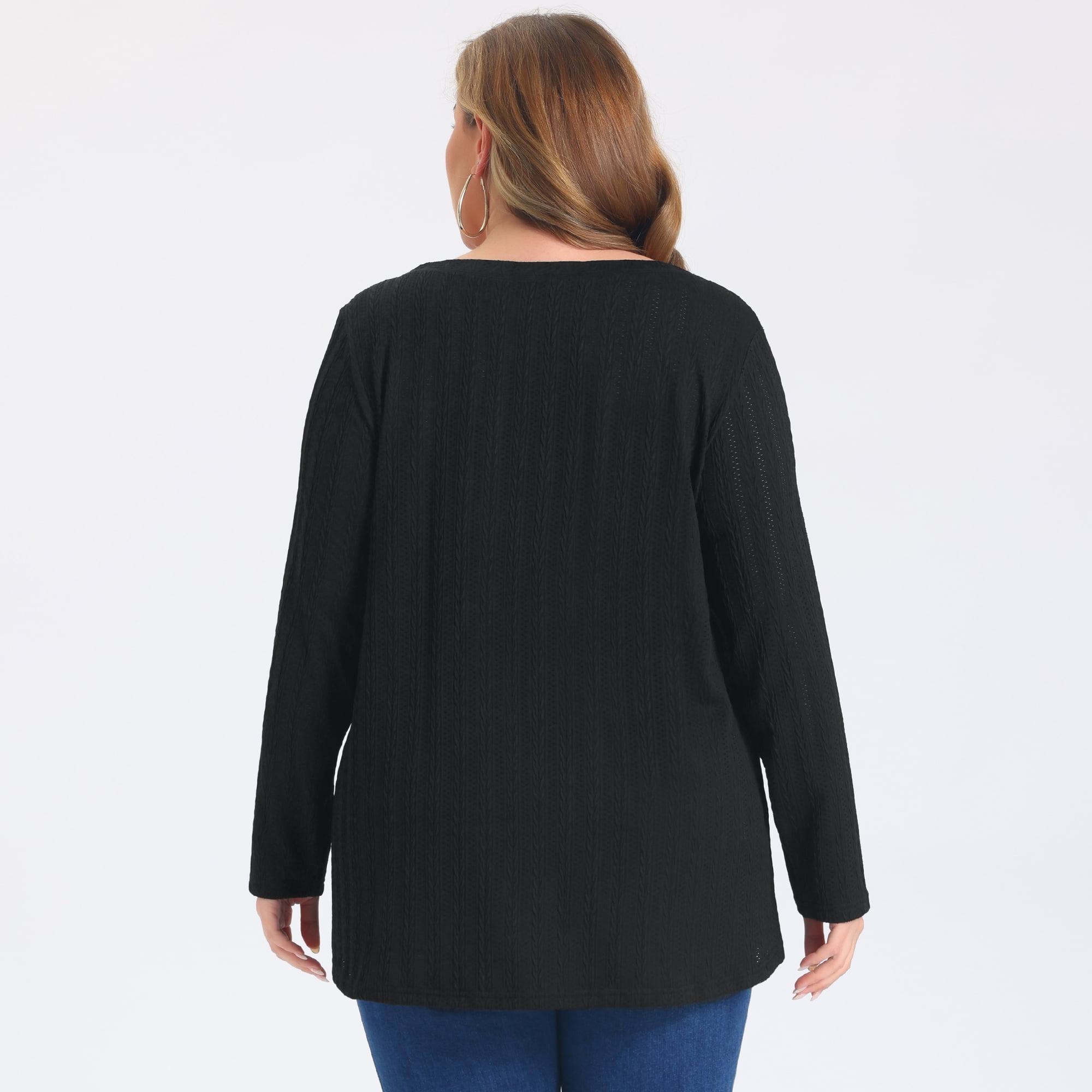 DARING DIVA Women's Plus Crew Neck Crossover Hem Long Sleeve 2X Black