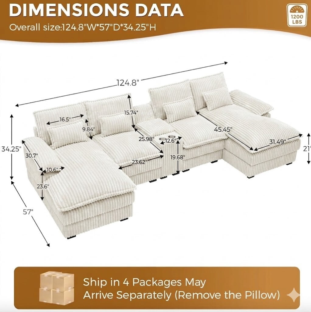 avobird Oversided 124" U Shaped Cloud Couch Sectional, DeepSeat Sofa Bed with USB Charging, Hidden Storage, Cup Holders & Chenille Double Chaise, Beige