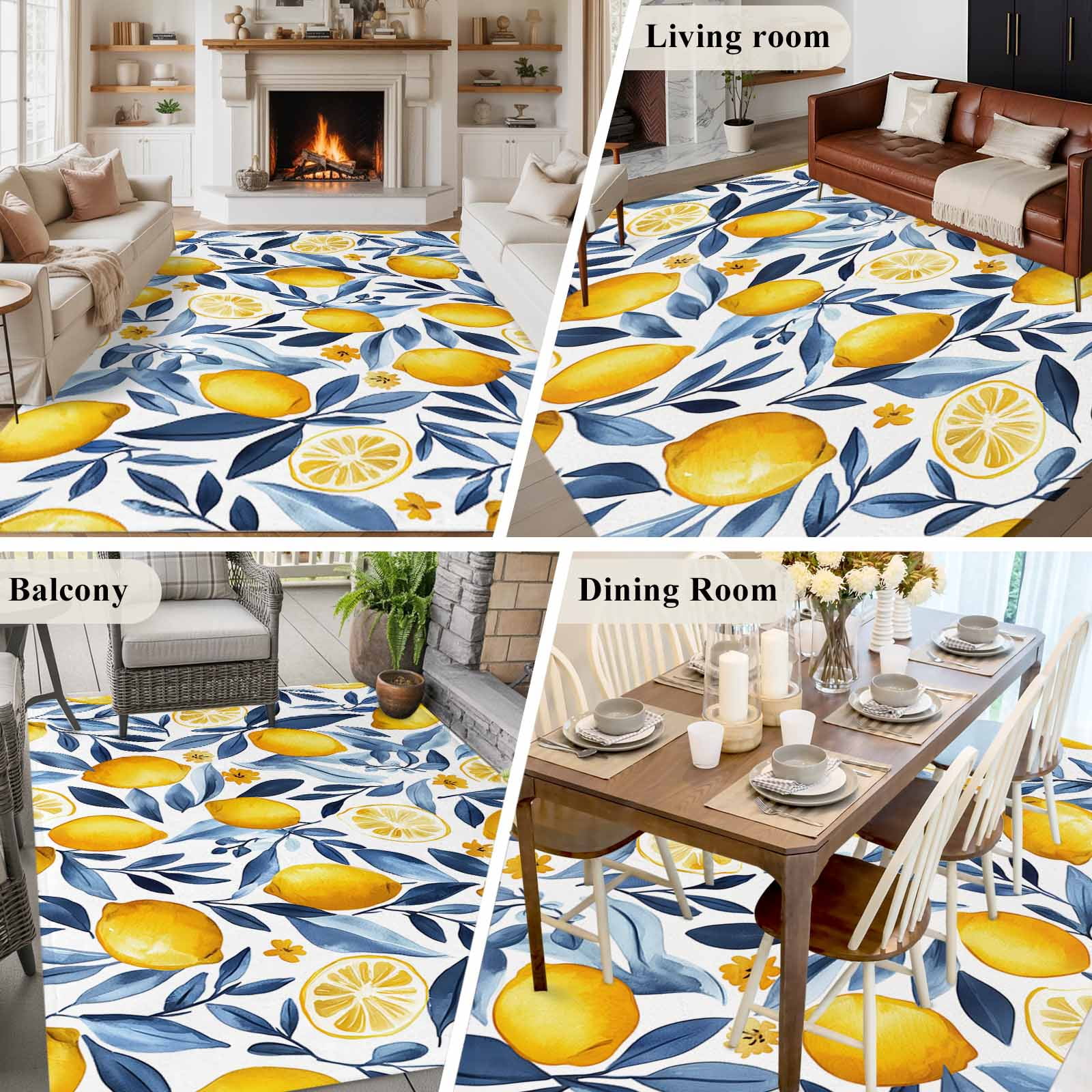 Area Rug 5'x7', Yellow Lemon Non-slip Runner Rug Carpet for Bedside, Blue Flower Leaves Spring Summer Plant Washable Outdoor Indoor Area Rugs Mat for Entryway/Living Room/Bedroom/Kitchen/Office