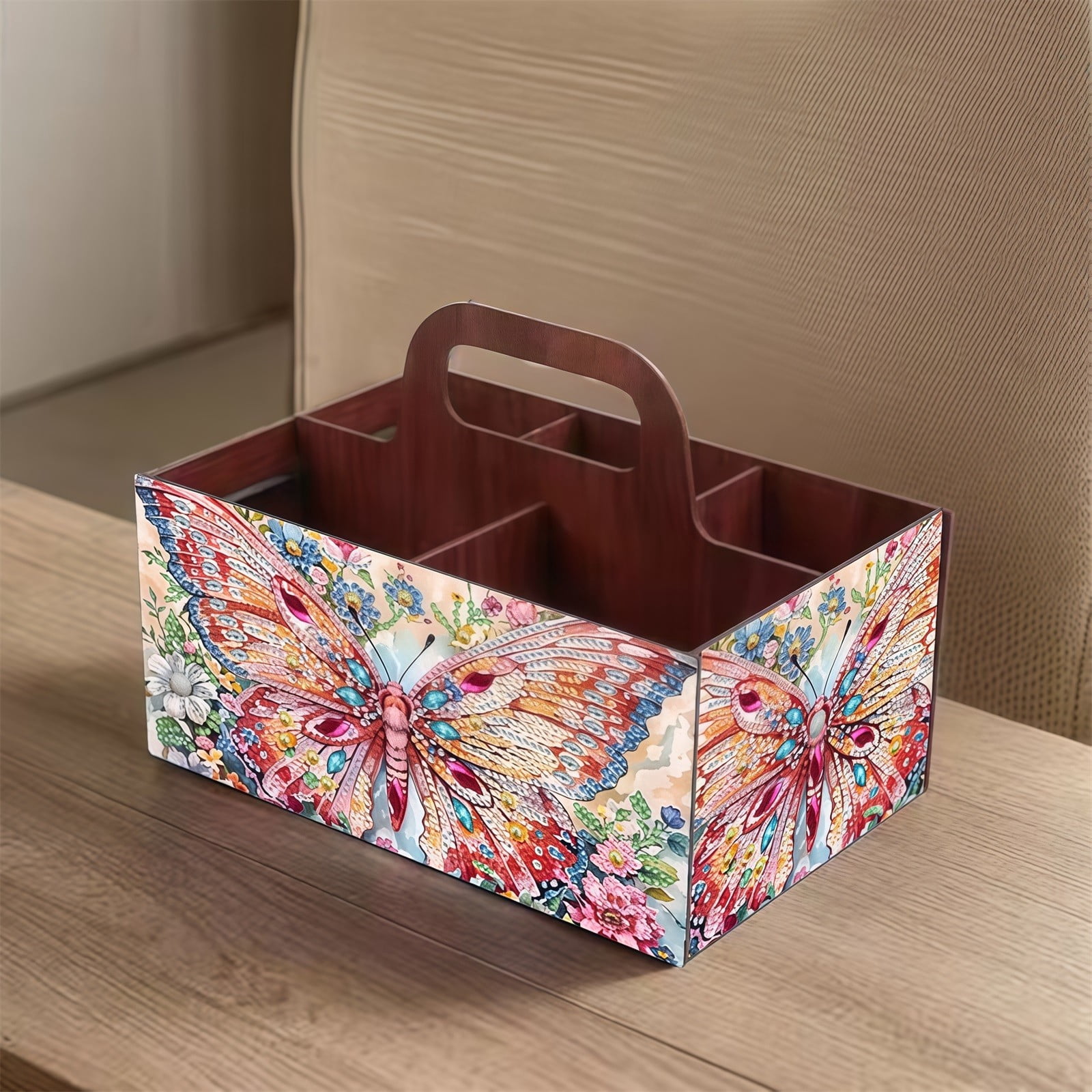 FLOPESN DIY Butterfly Diamond Art Painting 5 compartments Wooden Storage Box, 9.44*8.14in, Practical Rectangular Assembly Portable Multi-Grid Box