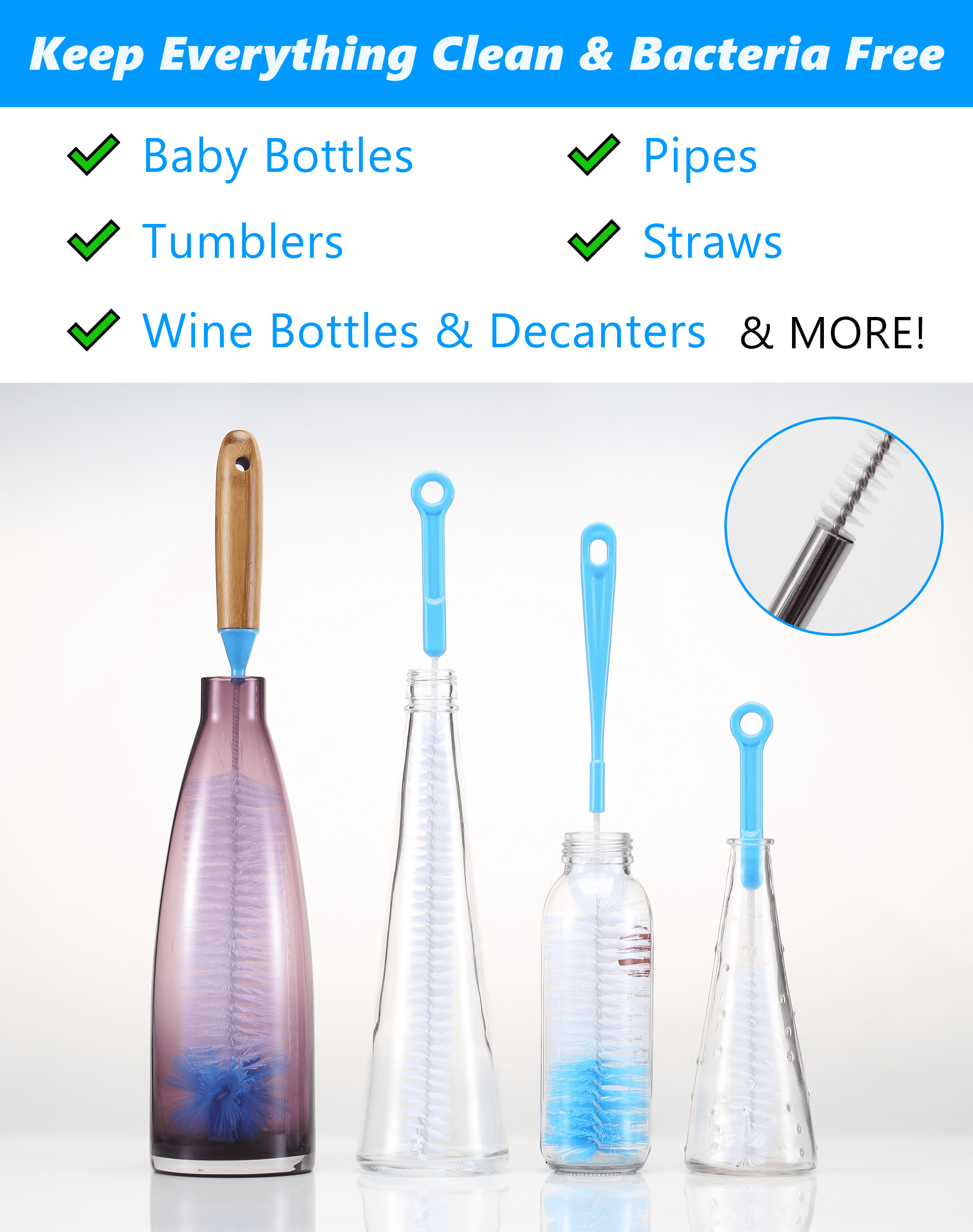 Ultimate 5 Pack Bottle Cleaner Brush Set, Long Handle Bottle