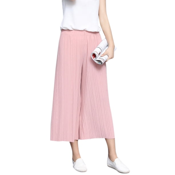 Guardurnaity Pantalones sueltos de mujer de cintura alta plisados pantalones largos casuales de Color sólido de verano Prendas para la parte inferior del cuerpo Rosado