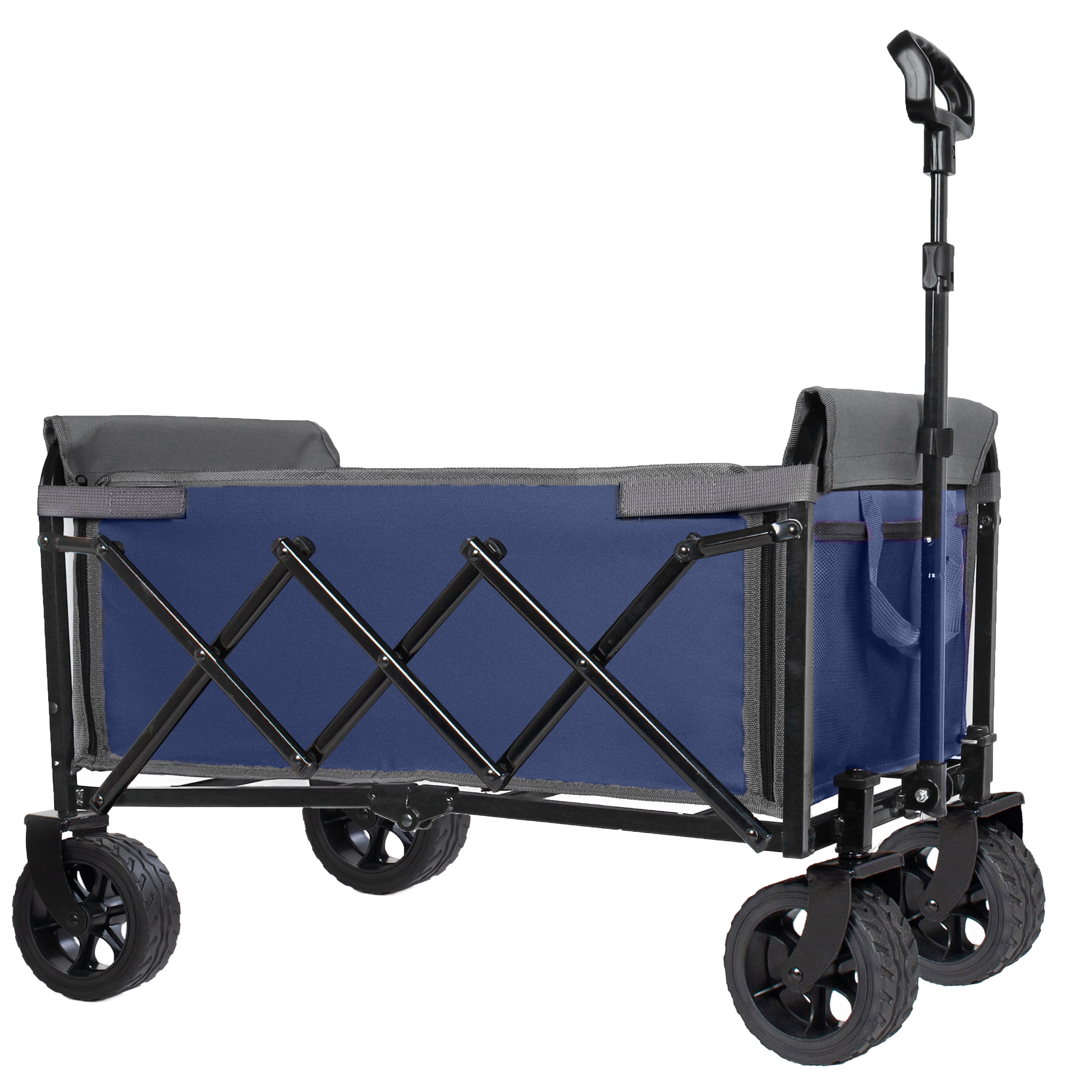 Upgraded 5×2" Wide Wheels Folding Wagon, Dark Blue Convertible Trolley with Dog Leash and Full-Side Opening, 220LBS Steel Frame Collapsible Cart for Camping, Beach, Shopping